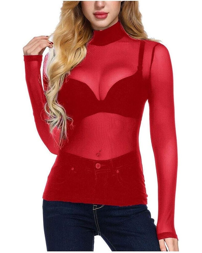 Tops for Women High Neck Arm Shaper Top Sheer Mesh Yoke Casual Blouse Shirt Long Sleeve Undershirt Nightwear Red $6.82 Blouses