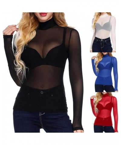 Tops for Women High Neck Arm Shaper Top Sheer Mesh Yoke Casual Blouse Shirt Long Sleeve Undershirt Nightwear Red $6.82 Blouses