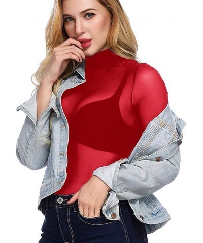 Tops for Women High Neck Arm Shaper Top Sheer Mesh Yoke Casual Blouse Shirt Long Sleeve Undershirt Nightwear Red $6.82 Blouses