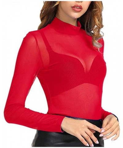 Tops for Women High Neck Arm Shaper Top Sheer Mesh Yoke Casual Blouse Shirt Long Sleeve Undershirt Nightwear Red $6.82 Blouses