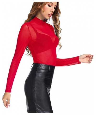 Tops for Women High Neck Arm Shaper Top Sheer Mesh Yoke Casual Blouse Shirt Long Sleeve Undershirt Nightwear Red $6.82 Blouses