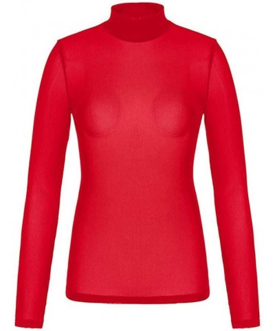 Tops for Women High Neck Arm Shaper Top Sheer Mesh Yoke Casual Blouse Shirt Long Sleeve Undershirt Nightwear Red $6.82 Blouses