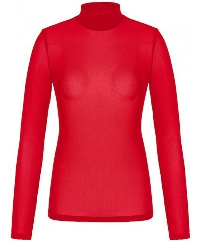 Tops for Women High Neck Arm Shaper Top Sheer Mesh Yoke Casual Blouse Shirt Long Sleeve Undershirt Nightwear Red $6.82 Blouses