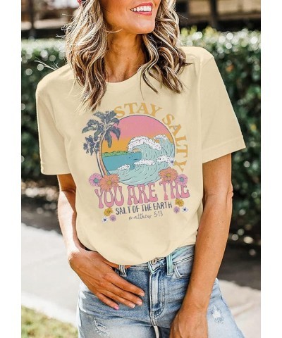 Stay Salty Bible Verse Shirt Women Inspirational Christian T-Shirt Jesus Faith Tops Casual Short Sleeve Beach Tees Apricot $1...