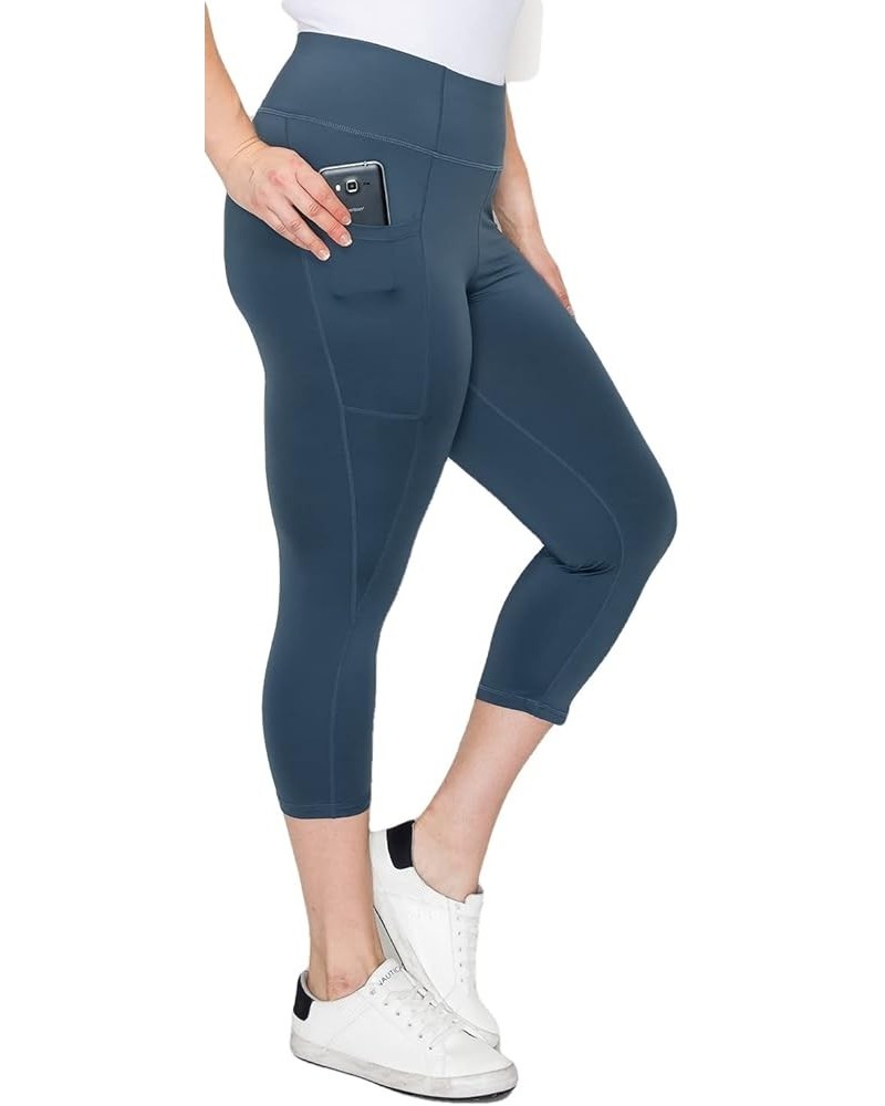 Women's Yoga Capri Leggings – Plus Size Non Brushed High Waisted 4 Way Stretch with Side Pocket Workout Pants Iron Blue P7513...