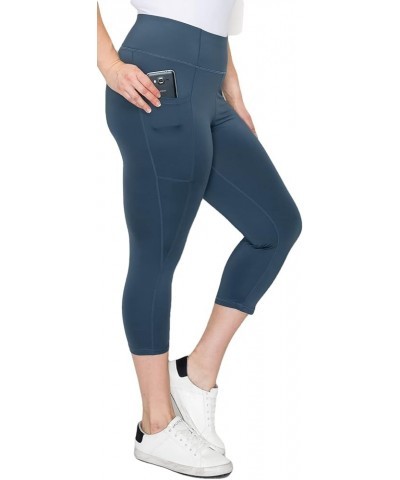 Women's Yoga Capri Leggings – Plus Size Non Brushed High Waisted 4 Way Stretch with Side Pocket Workout Pants Iron Blue P7513...