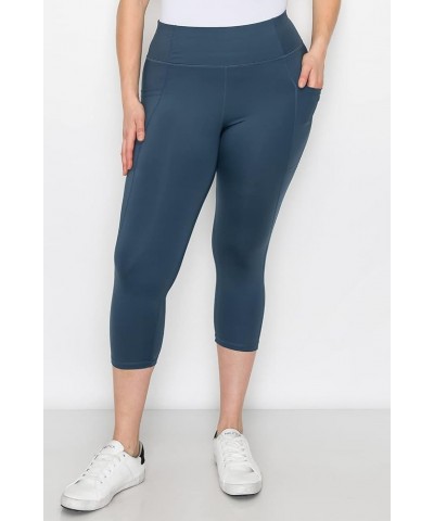 Women's Yoga Capri Leggings – Plus Size Non Brushed High Waisted 4 Way Stretch with Side Pocket Workout Pants Iron Blue P7513...