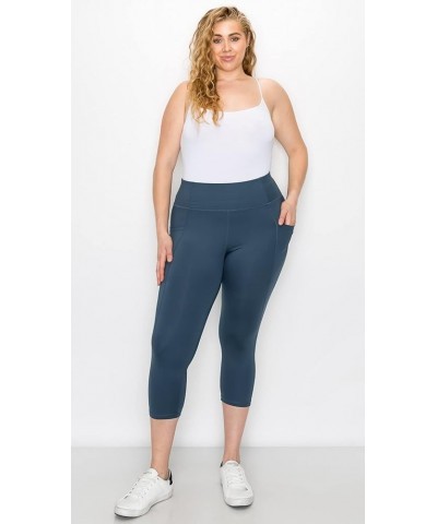 Women's Yoga Capri Leggings – Plus Size Non Brushed High Waisted 4 Way Stretch with Side Pocket Workout Pants Iron Blue P7513...