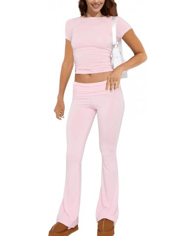 Women's Two Piece Lounge Set Short Sleeve Crop Top And Flare Leggings Set Low Rise Yoga Pants Workout Sets Pink $18.89 Active...