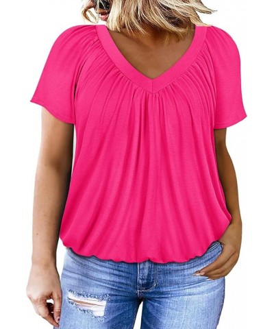 Plus Size Tops For Women Short Sleeve Pleated Front Blouse V Neck Tunic Loose Fit Tshirts Summer XL-5XL At111-hot Pink $15.59...