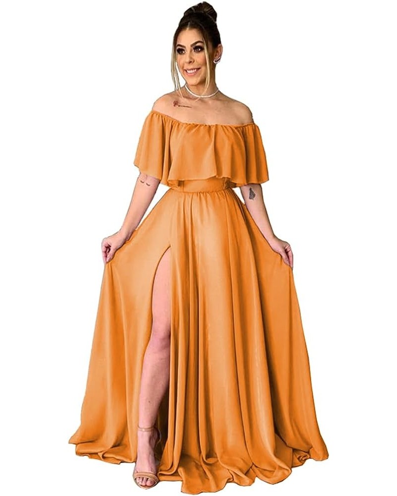 Women's Chiffon Bridesmaid Dresses Long Off Shoulder Formal Dresses with Slit Ruffle A-Line Party Gowns Orange $43.19 Dresses