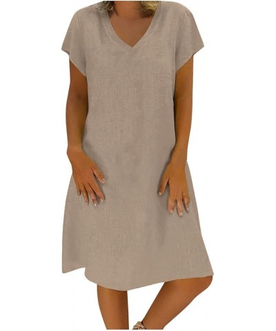 Cotton Linen Dresses for Women,2024 Summer Casual Short Sleeve Midi Dress,Trendy V Neck Plain Plus Size Beach Dress Khaki02 $...