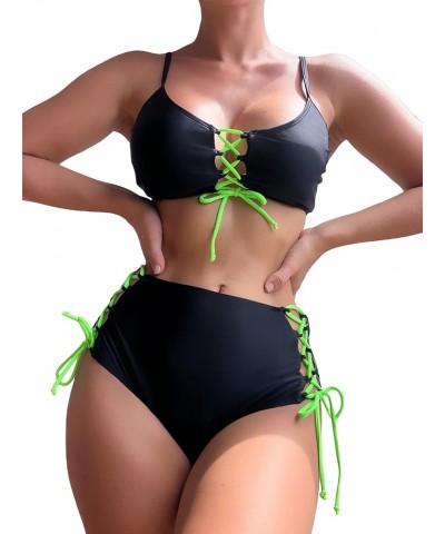 Women's 2 Piece Swimsuit Lace Up Bikini Top and High Waist Panty Bathing Suit Swimwear Black $7.79 Swimsuits