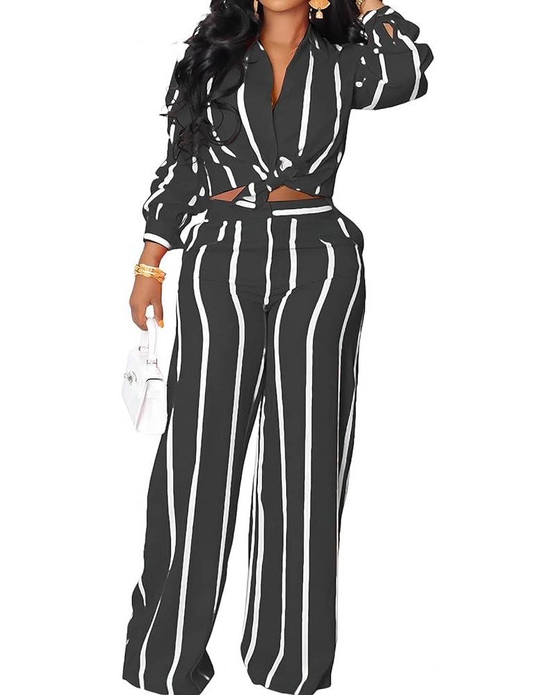 Women’s Casual Two Piece Outfits Striped Long Sleeve Collar Button Down Shirt Blouse High Waist Wide Leg Pants Sets Black $28...