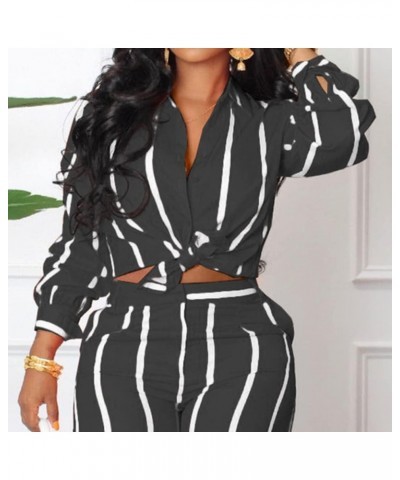 Women’s Casual Two Piece Outfits Striped Long Sleeve Collar Button Down Shirt Blouse High Waist Wide Leg Pants Sets Black $28...