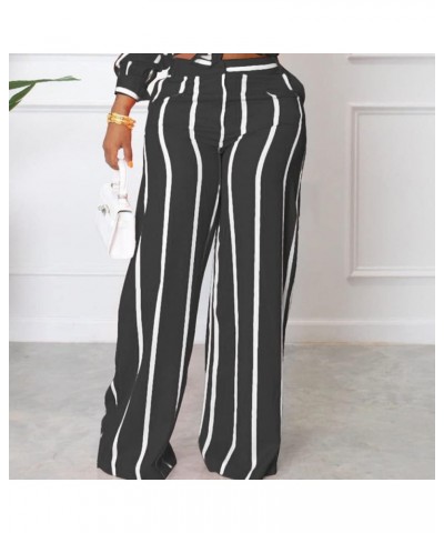 Women’s Casual Two Piece Outfits Striped Long Sleeve Collar Button Down Shirt Blouse High Waist Wide Leg Pants Sets Black $28...