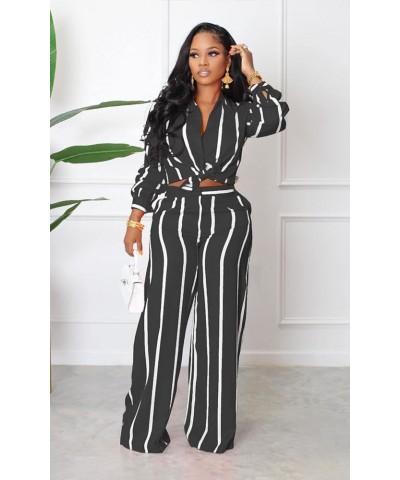 Women’s Casual Two Piece Outfits Striped Long Sleeve Collar Button Down Shirt Blouse High Waist Wide Leg Pants Sets Black $28...