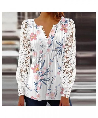 2024 Womens Spring Long Sleeve Shirts Lightweight Tshirts Lace Trim V Neck Cute Tops Summer Pleated Flowy Blouse A Pink $10.4...