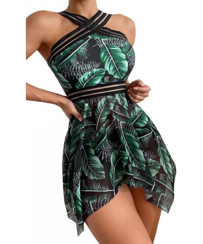 Women's Swim Dress Floral Criss Cross Ruffle Tankini Swimsuit Green and Black $19.79 Swimsuits