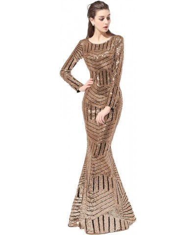 Women's Long Sequin Mermaid Prom Dresses Formal V-Neck Evening Party Gala Gowns FM005 Long Sleeve-dark Brown/Gold $41.16 Others