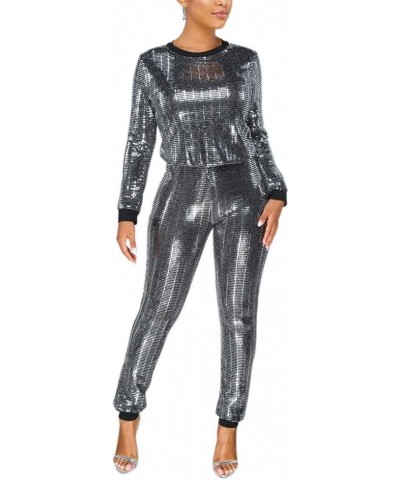 Womens 2 Piece Outfits & Sexy Silver Glitter Sequins & Metallic Shiny Top and Pants Set -Silver & Black $34.19 Activewear