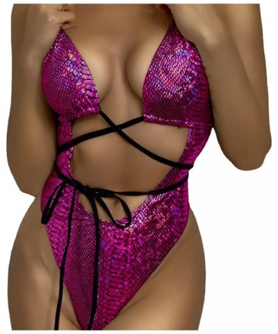 Women's Shiny Hologram Snakeskin Sexy One Piece SwimsuitsBikini Bathing Suit Lace Up Rave Festival Purple $14.57 Swimsuits