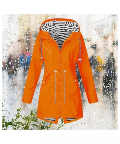 Rain Jacket Womens Waterproof with Hood Solid Tunic Striped Lined Jackets Lightweight Outdoor Sport Coat with Pockets A01_ora...