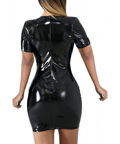 Women Sexy Deep V Neck Patent Leather Mini Party Dress Short Sleeve Zip Up Latex Clubwear Nude Dress Black $17.04 Dresses