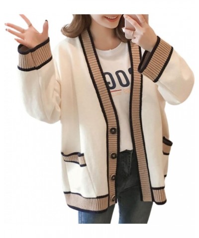 Women’s Casual Color Block Cardigan Long Sleeve Open Front JK Uniform Sweater Cardigans 01 Beige $17.50 Sweaters