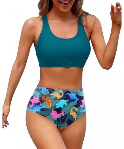 Women High Waisted Two Piece Bikini Sports Crop Top Swimsuit Scoop Neck Bathing Suit for Teen Girls with Bottom Blue Dinosaur...