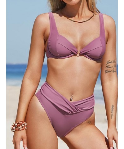 Women Swimsuit Bikini Set High Waisted Ruched Cheeky Two Piece Bathing Suit with Underwire Periwinkle $23.99 Swimsuits