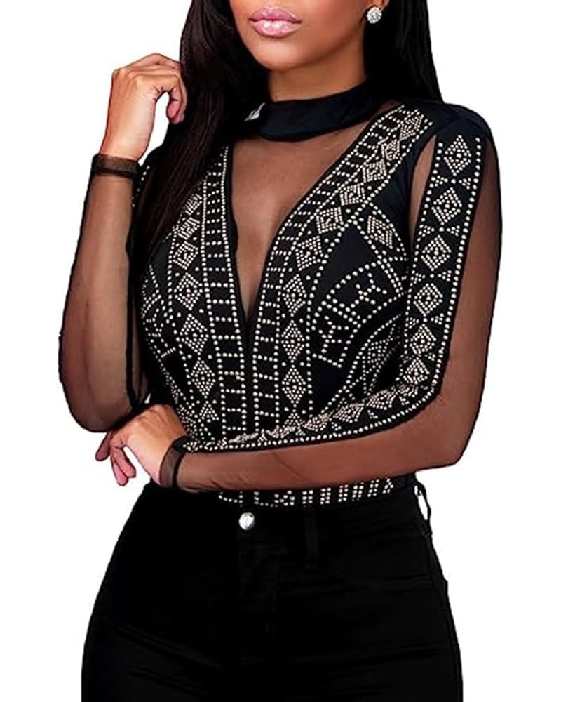 Women's Sheer Mesh Tops Glitter See Through Sexy T Shirt Blouse Clubwear Rhinestone 09 Black $13.56 Tops