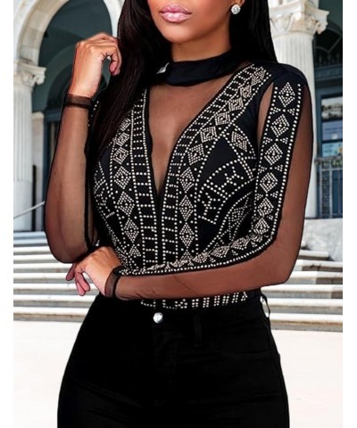 Women's Sheer Mesh Tops Glitter See Through Sexy T Shirt Blouse Clubwear Rhinestone 09 Black $13.56 Tops