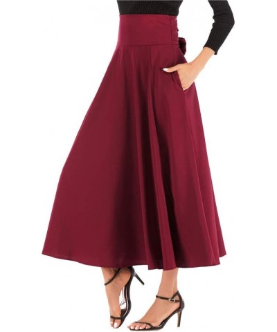 Women's Casual High-Waisted Pleated Maxi Skirt with Pockets,Solid Long Vintage Strappy Skirt Wine Red $13.20 Skirts