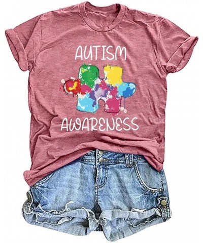 Autism T Shirts for Women Autistic Awareness Shirts Puzzle Piece Graphic Tees Casual Autism Month Gift Pink2 $10.39 T-Shirts