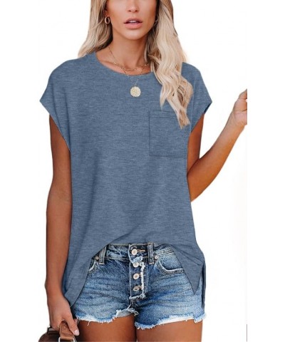 T Shirts for Women Loose Fit Cap Sleeve T Shirts with Pocket for Women 012-gray Blue $8.39 Tops