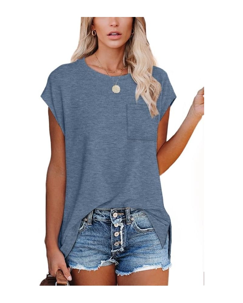 T Shirts for Women Loose Fit Cap Sleeve T Shirts with Pocket for Women 012-gray Blue $8.39 Tops