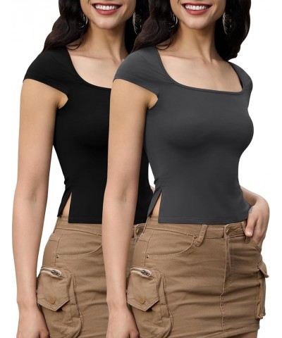 Short Sleeve Tight Shirts for Women Sexy Going Out Crop Tops Summer Basic Cute Slim Fit Y2K T-Shirts Black and Dark Gray $16....