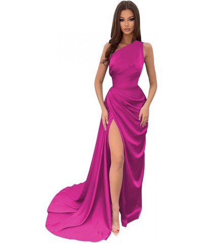 Satin One Shoulder Prom Dresses 2024 with Slit Mermaid Long Formal Evening Gown Fuchsia $27.60 Dresses