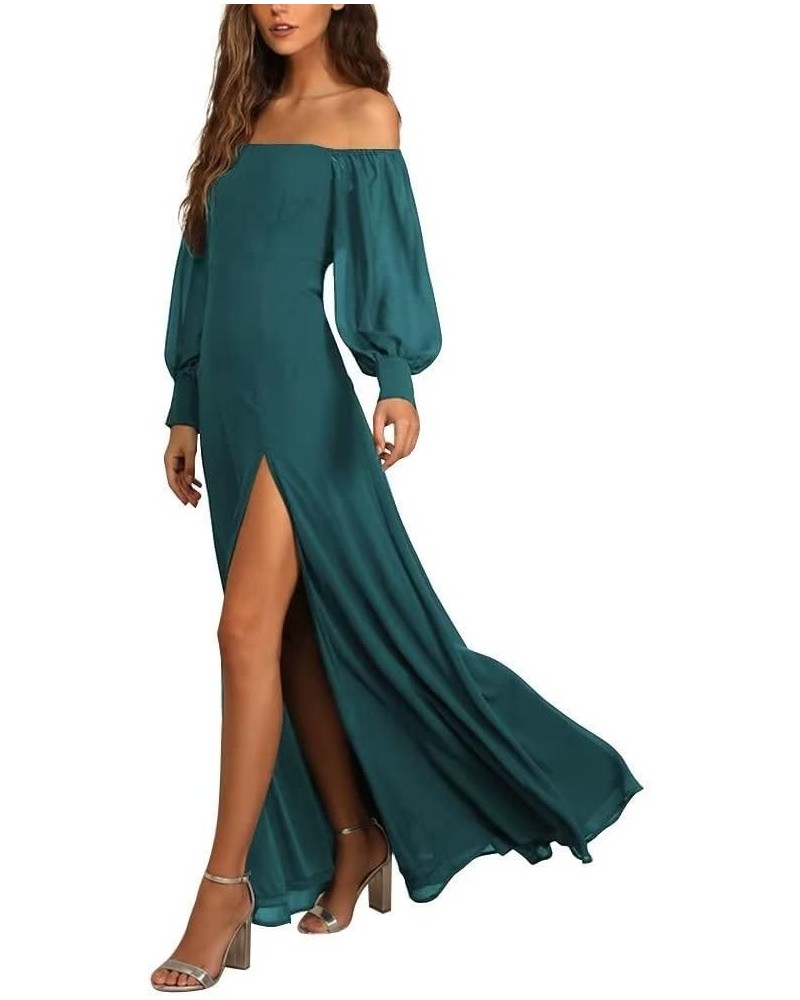 Off The Shoulder Long Sleeve Chiffon Bridesmaid Dresses Long Formal Wedding Guest Dresses for Women with Slit Teal $35.20 Dre...