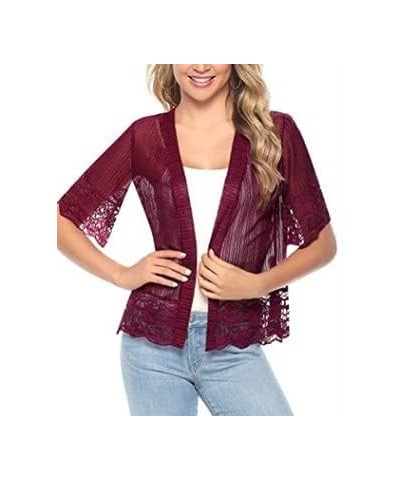 Women Solid Color Lace Cardigan Open Front Shrug Hollow Patchwork Sheer Short Sleeve Bolero Cover-Up Blouse Tops Wine Red $12...