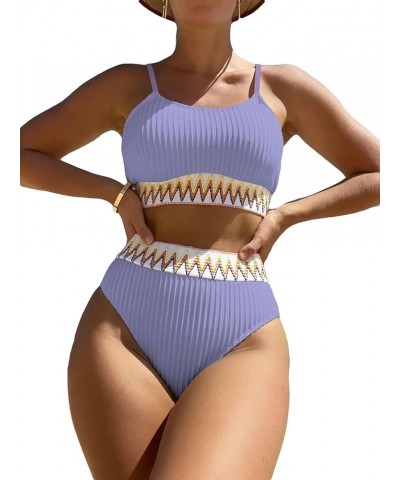 Women's High Waisted Bathing Suit Chevron Tape Spaghetti Strap Swimsuit Bikini Set 2 Piece Purple $13.34 Swimsuits