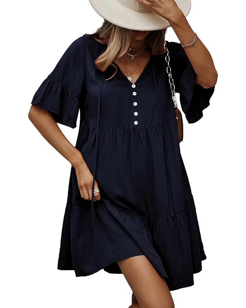 Women's Casual V Neck Short Sleeve Tiered Ruffle A-Line Flared Summer Short Mini Dress Navy Blue $17.64 Dresses