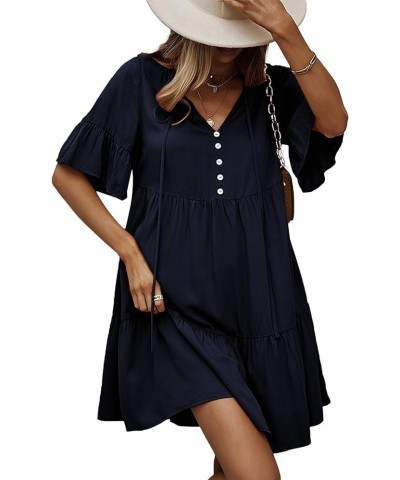 Women's Casual V Neck Short Sleeve Tiered Ruffle A-Line Flared Summer Short Mini Dress Navy Blue $17.64 Dresses