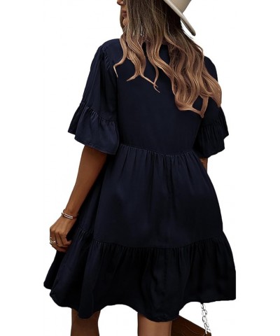 Women's Casual V Neck Short Sleeve Tiered Ruffle A-Line Flared Summer Short Mini Dress Navy Blue $17.64 Dresses