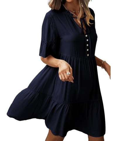 Women's Casual V Neck Short Sleeve Tiered Ruffle A-Line Flared Summer Short Mini Dress Navy Blue $17.64 Dresses