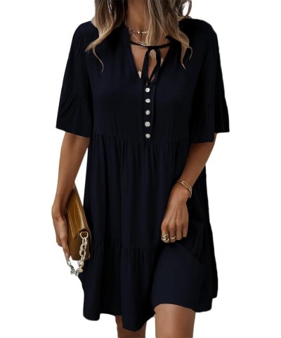 Women's Casual V Neck Short Sleeve Tiered Ruffle A-Line Flared Summer Short Mini Dress Navy Blue $17.64 Dresses