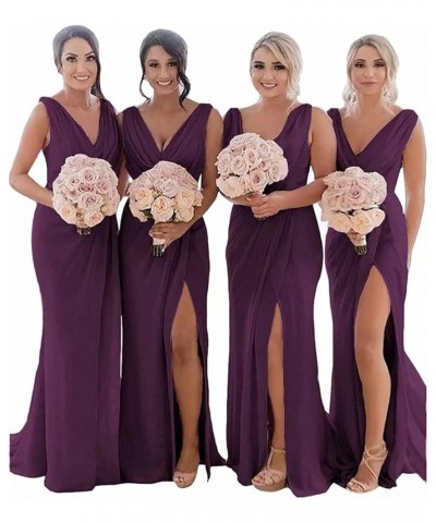 Women's V Neck Chiffon Bridesmaid Dresses for Wedding Long High Split Elegent Formal Gowns and Evening Dresses Plum $32.20 Dr...