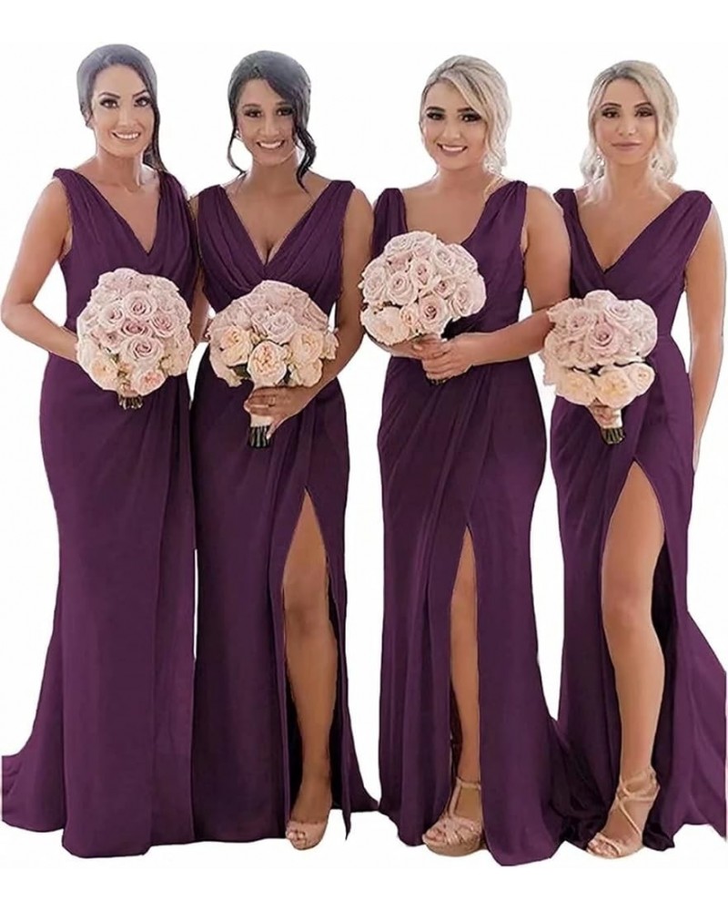 Women's V Neck Chiffon Bridesmaid Dresses for Wedding Long High Split Elegent Formal Gowns and Evening Dresses Plum $32.20 Dr...