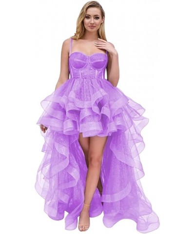 Tulle Prom Dress Spaghetti Straps Ball Gowns High Low Homecoming Dress Layered Ruffles Princess Quinceanera Dresses Lilac $35...